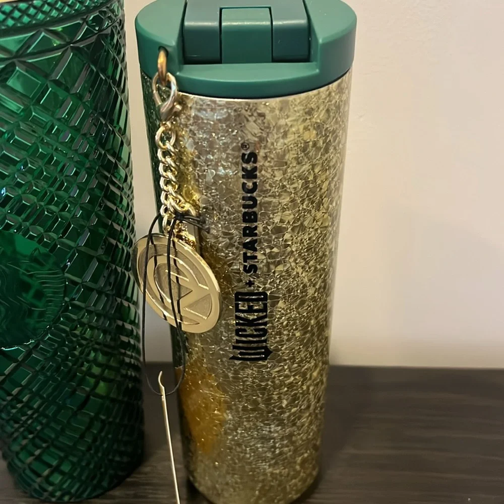 Starbucks Green Tumbler and Gold Glitter Tumbler Set Wicked - Picture 2 of 3